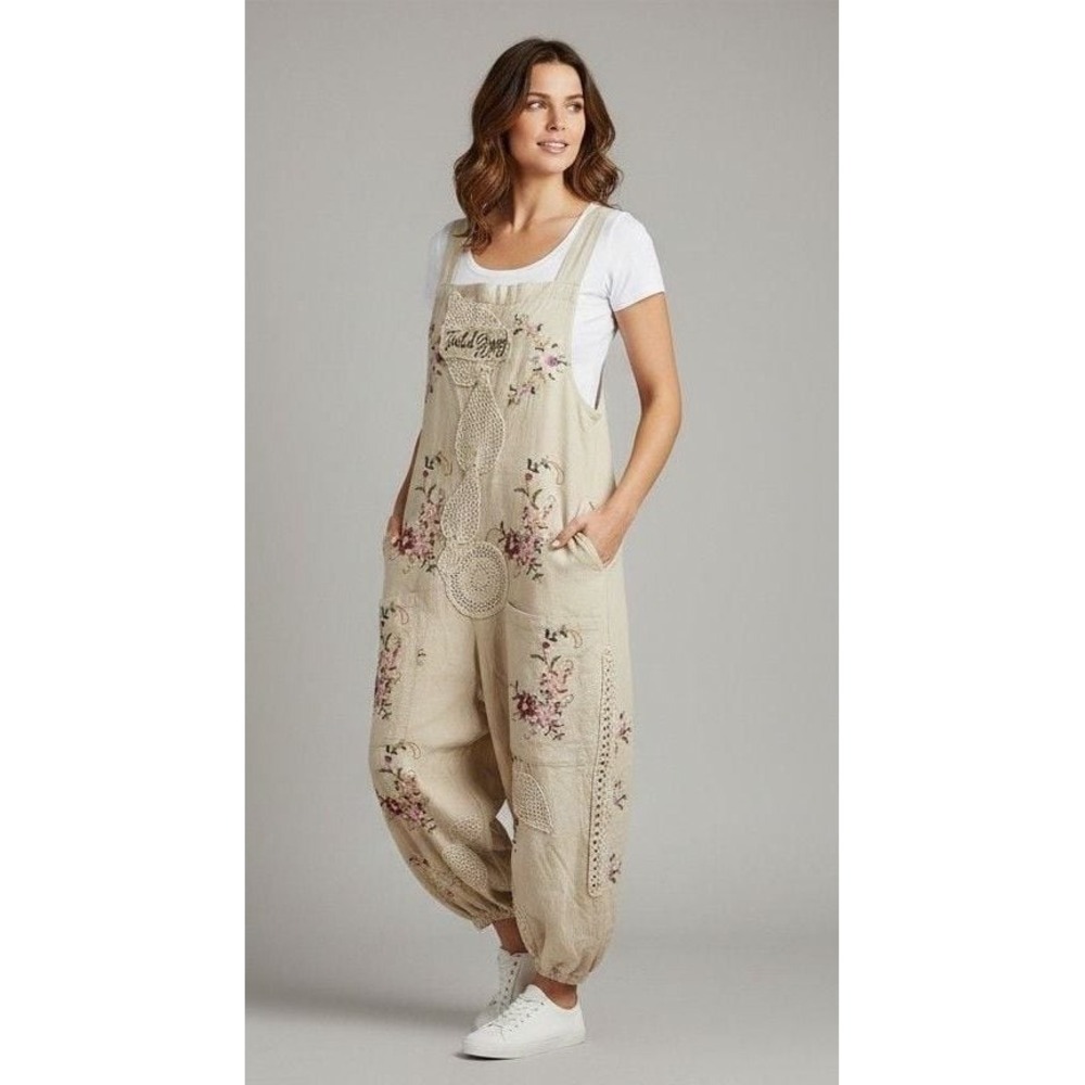 Jaded Gypsy Trellis Views Boho Embroidered Cream Overalls W/ Crochet Applique